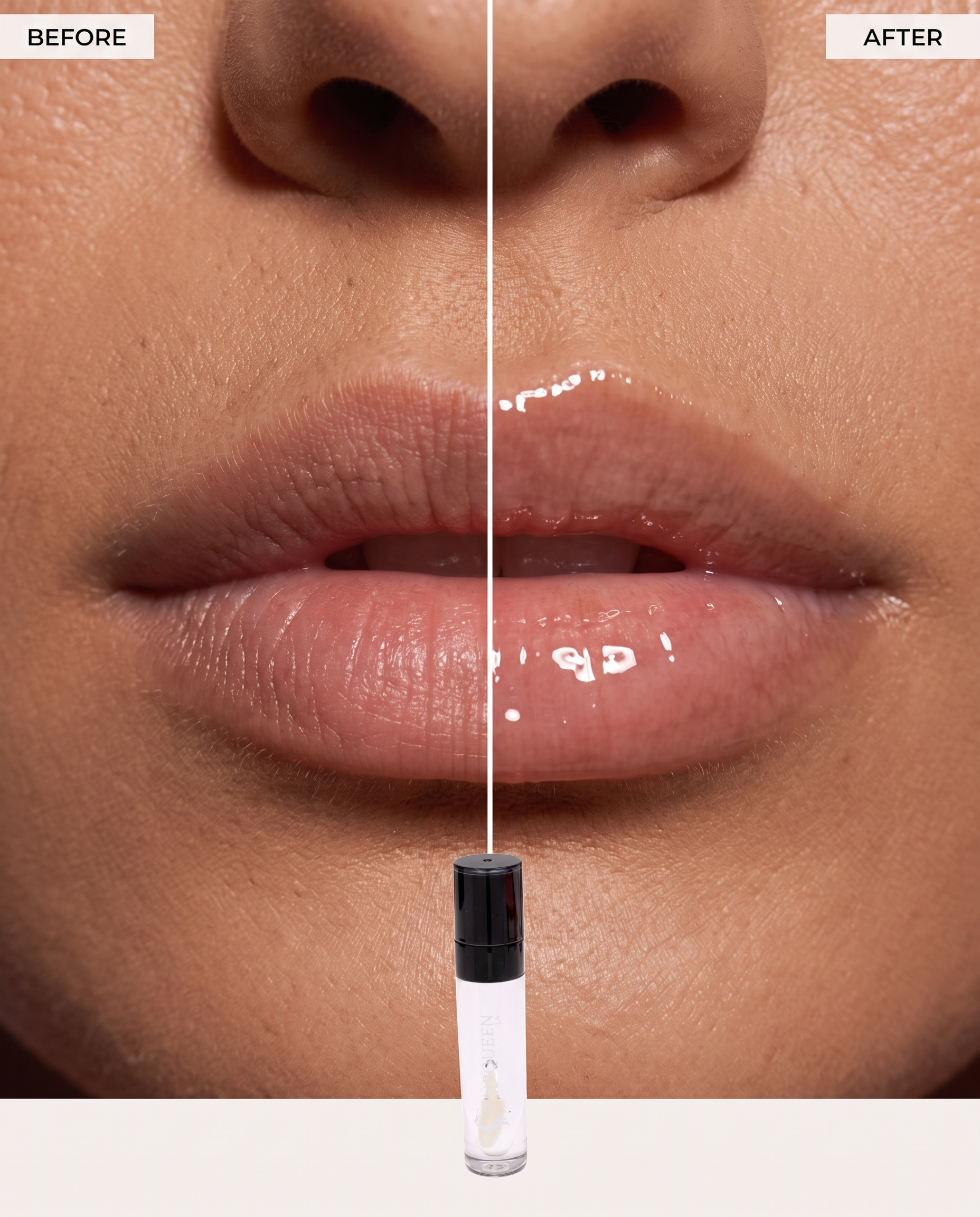 Liquid lip tint swatch on lips, glossy pink finish with applicator tip