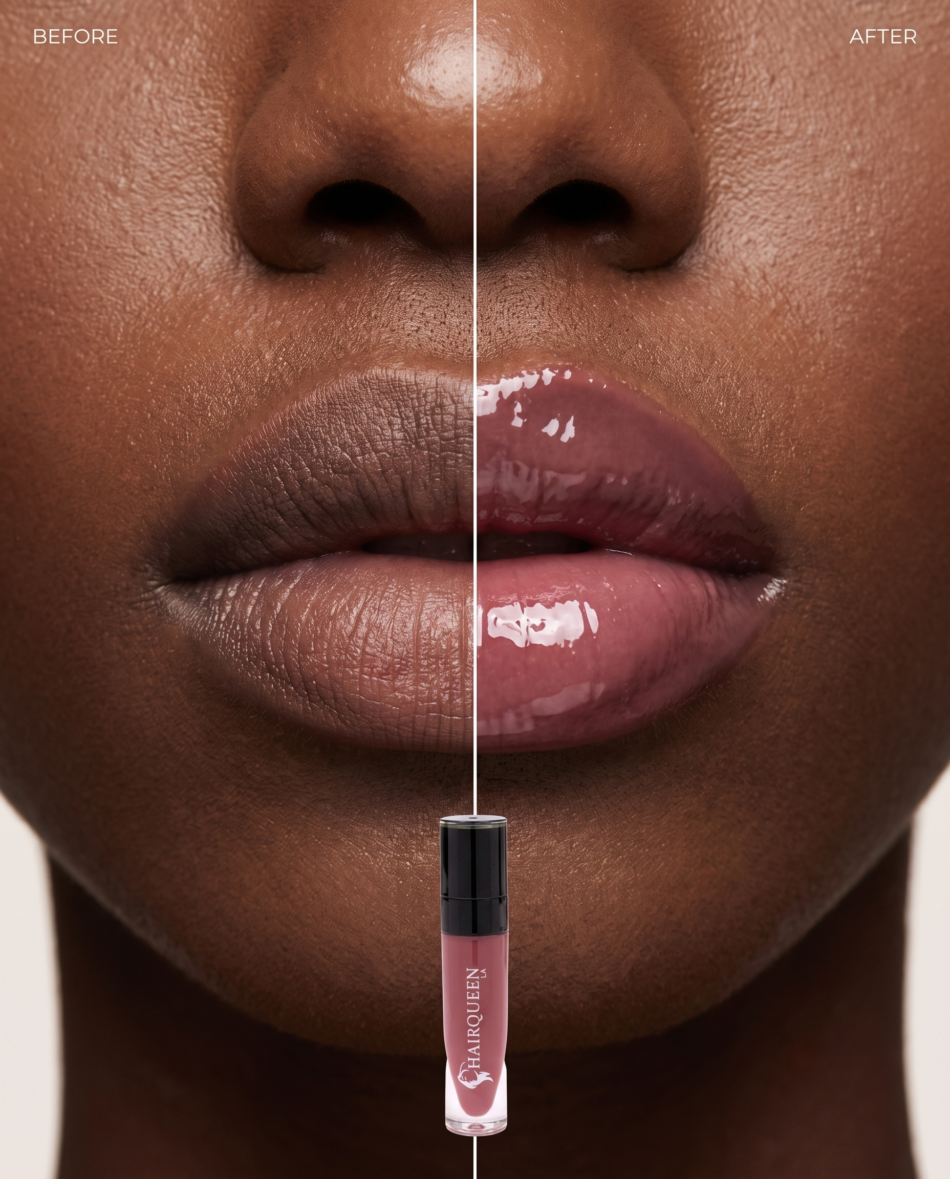 Lip kit plum lip gloss wand with before-and-after lip shine split close-up