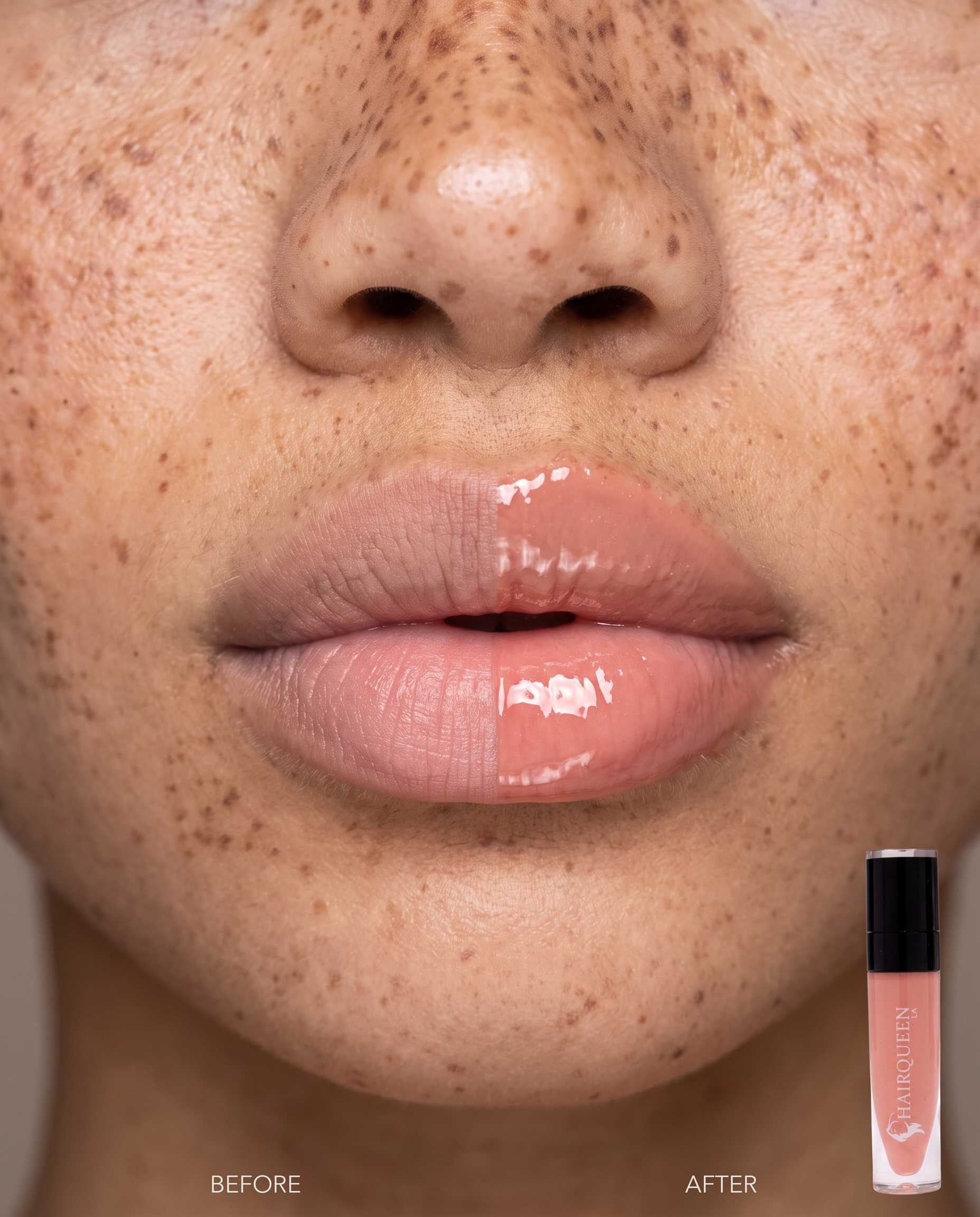 Lip kit close-up showing rose gloss finish on lips with product tube at side
