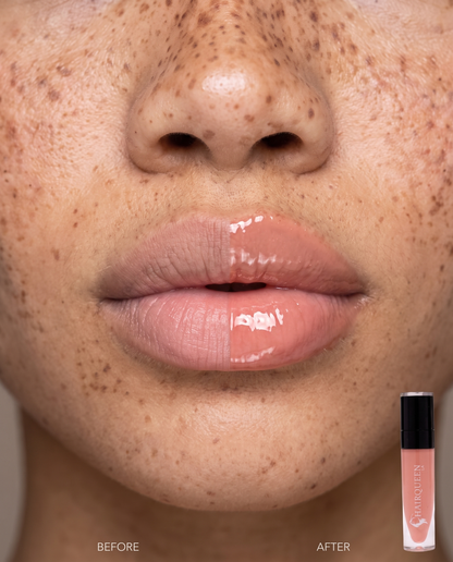 Lip kit close-up showing rose gloss finish on lips with product tube at side
