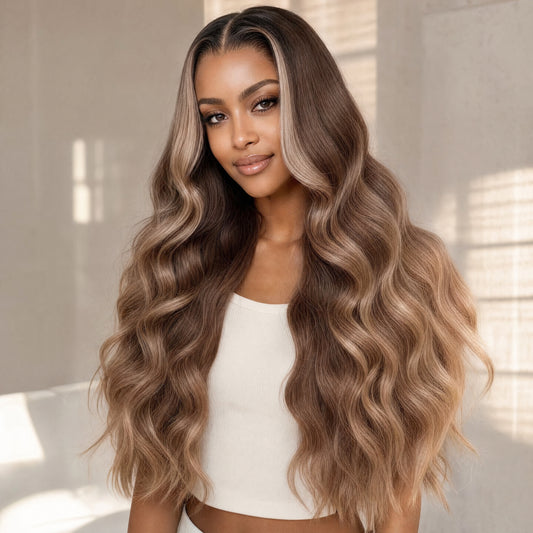 Serena lace wig: long layered body-wave hair, warm dark brown with lighter highlights