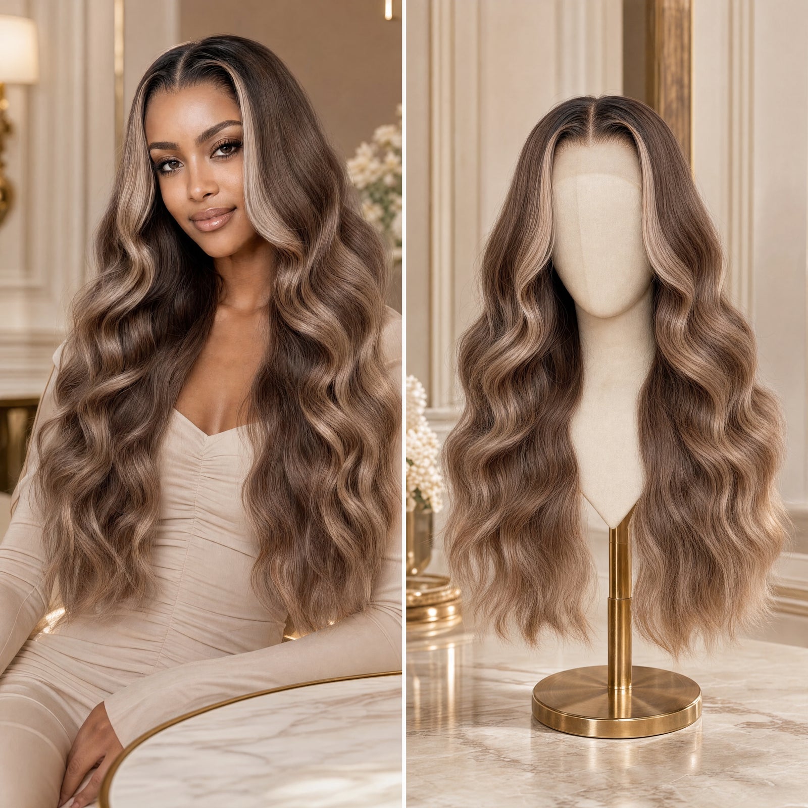 Serena lace wig, front and back views of long body-wave hair; lace cap visible