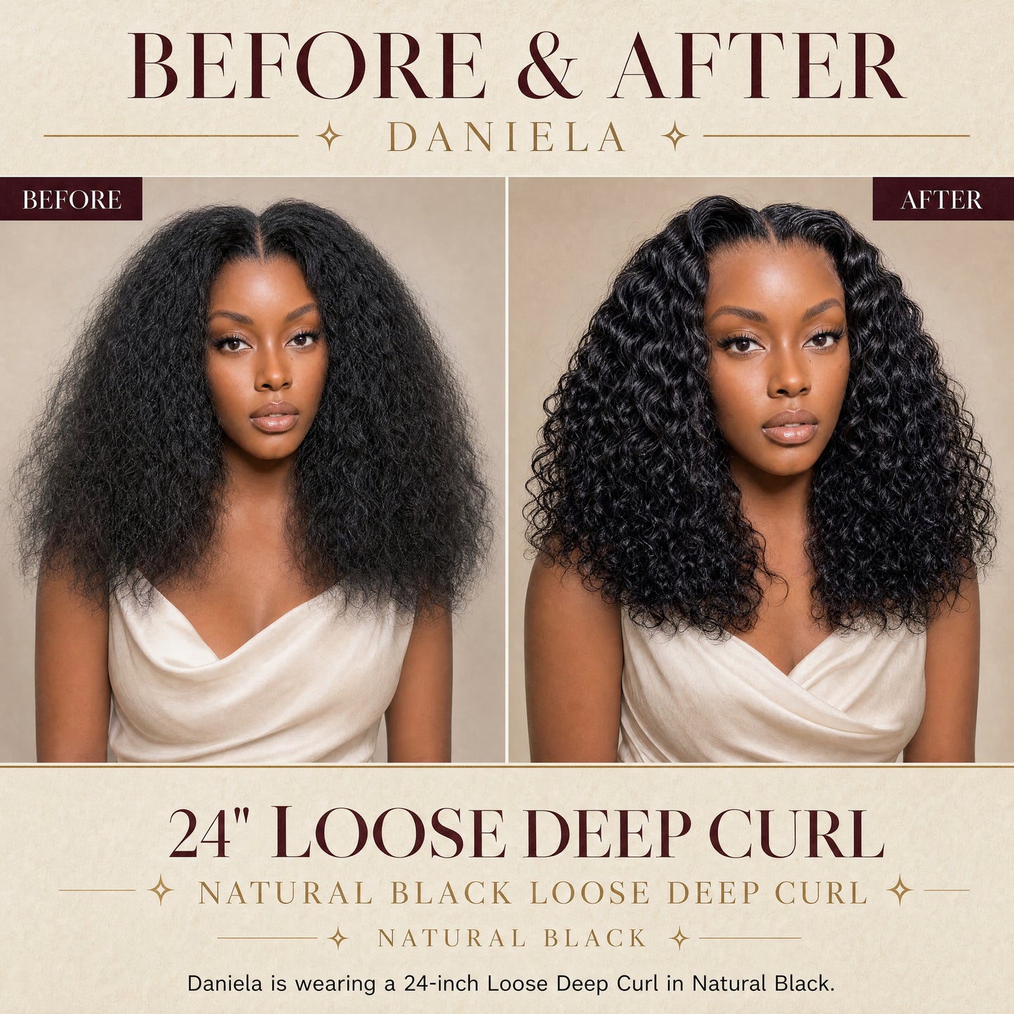 Black lace front wig with loose deep curl texture shown before and after styling
