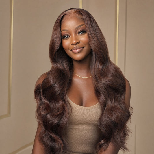 CLara lace wig with long wavy dark brown hair, center-parted