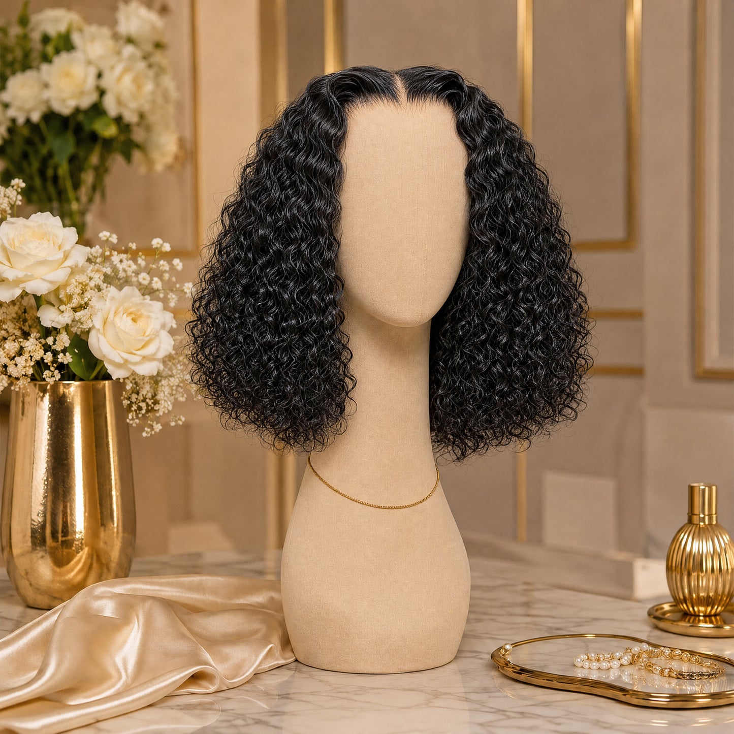 Black lace front wig on mannequin, voluminous loose deep curls at shoulder length