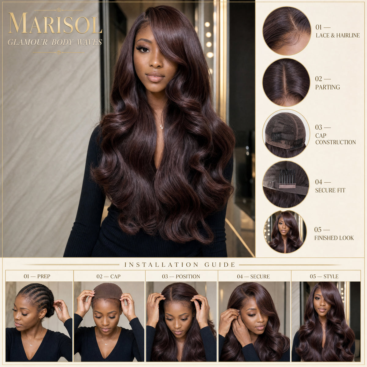 Long lace wig with dark brown body waves, voluminous curls and side-part style