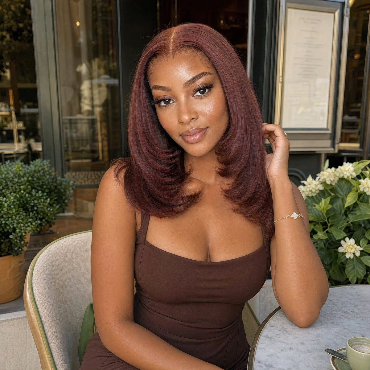 Sariyah lace wig in burgundy, bob with middle part and natural-looking waves on model.
