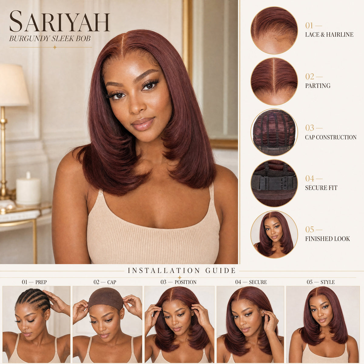 Sariyah lace wig in burgundy, sleek bob on model with center part and soft layered waves.