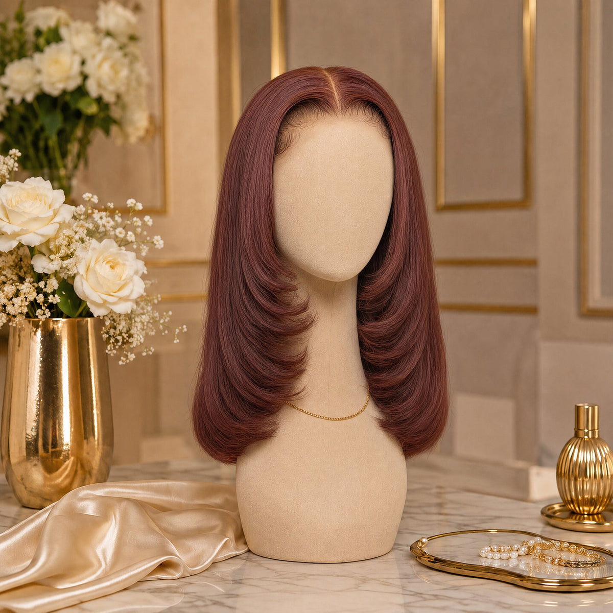 Sariyah lace wig in burgundy, sleek bob styled with voluminous waves on mannequin stand.