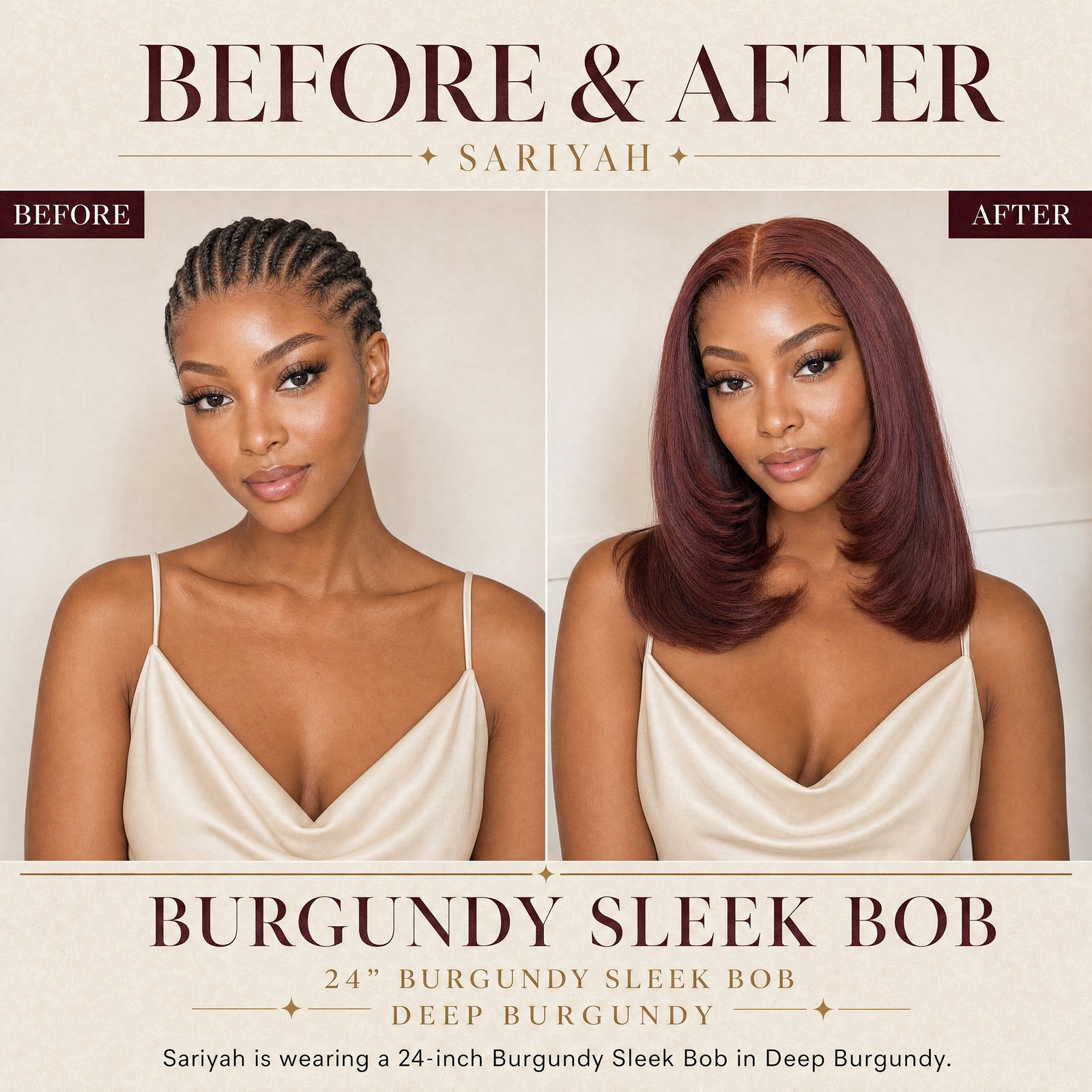 Sariyah lace wig in burgundy, sleek bob with smooth, side-parted waves on model.