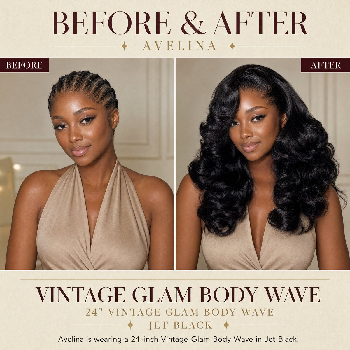 Black lace wig with voluminous loose curls shown in before-and-after comparison