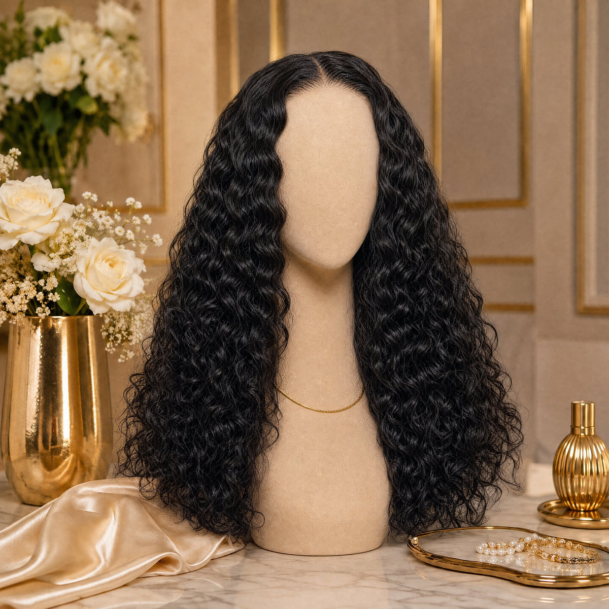 Black lace wig on a mannequin head, long curly hair from back view