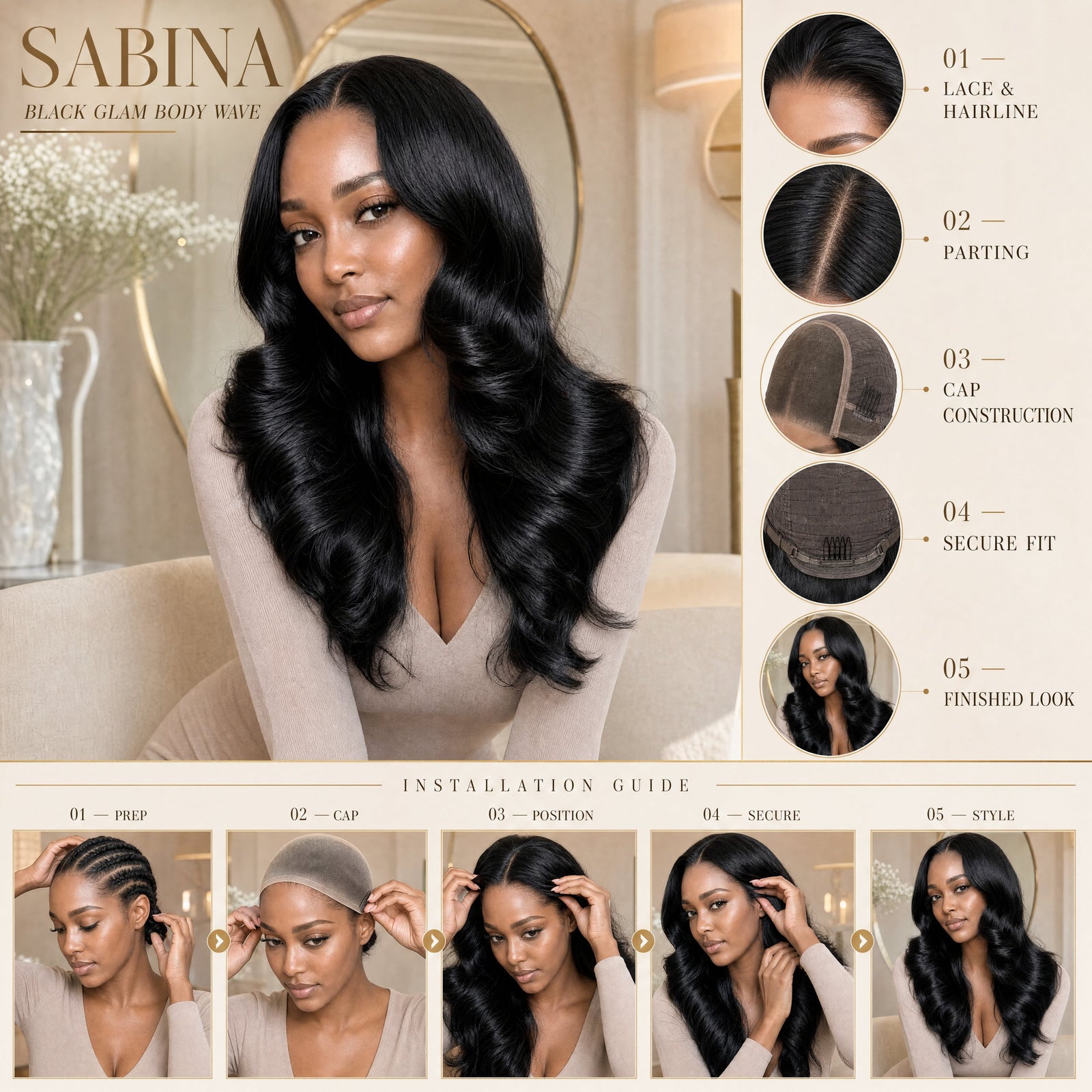 Black wavy lace wig with installation guide diagram featuring construction circles