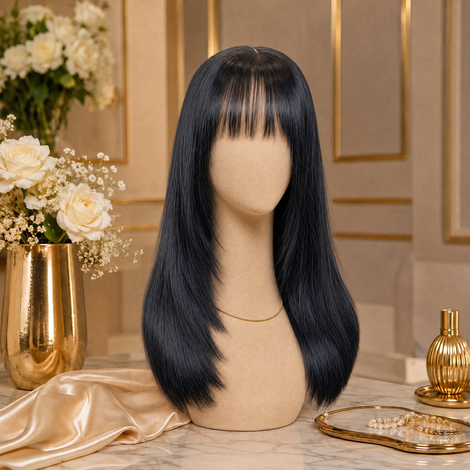 Long straight lace wig with full bangs, back view on mannequin