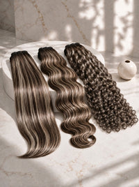 Three hair bundles with mixed textures and blend colors, arranged side by side