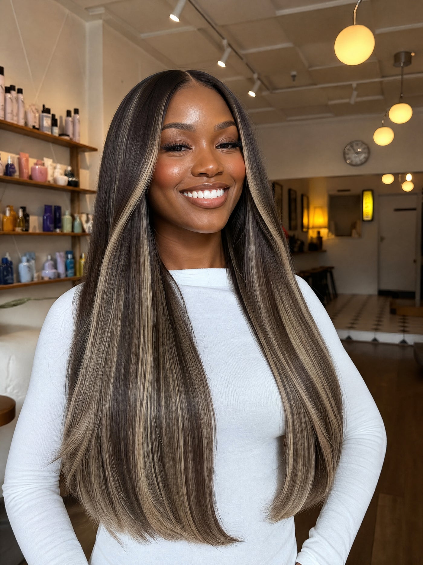 A smiling woman with long, straight, glossy hair styled in a side part with highlighted brown and blonde streaks, wearing a white long-sleeve top inside a salon with shelves of products and warm hanging lights.