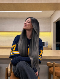 Long straight hair extension bundle, dark gray with silver highlighted strands