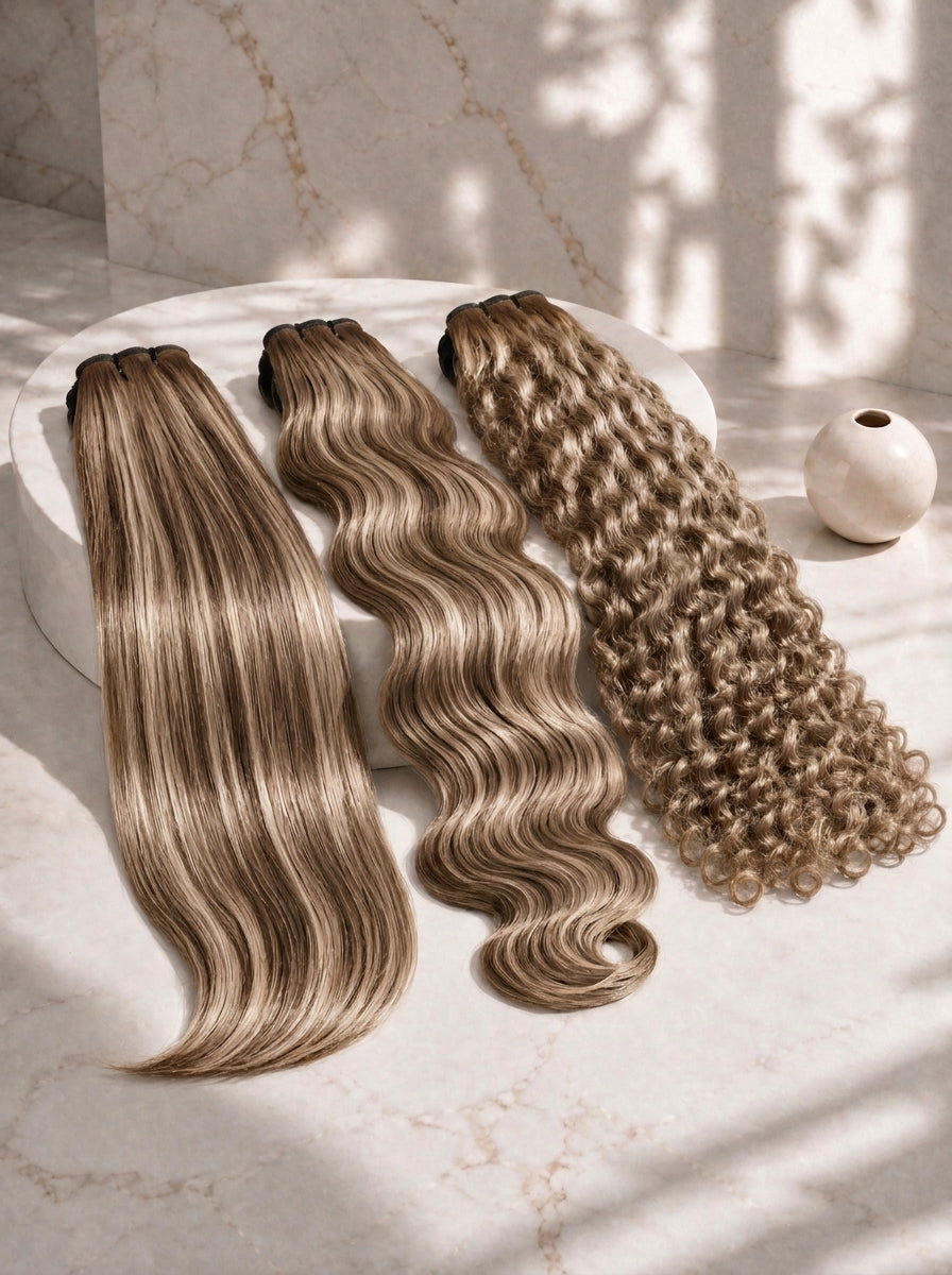 Highlighted hair bundles set: straight, wavy, and curly bundles in brown tones