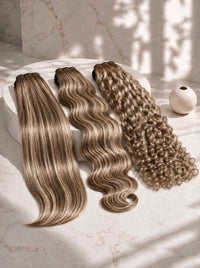 Highlighted hair bundles set: straight, wavy, and curly bundles in brown tones