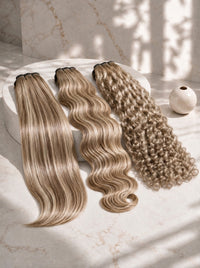 Set of four blonde and brown hair extensions bundles with mixed textures