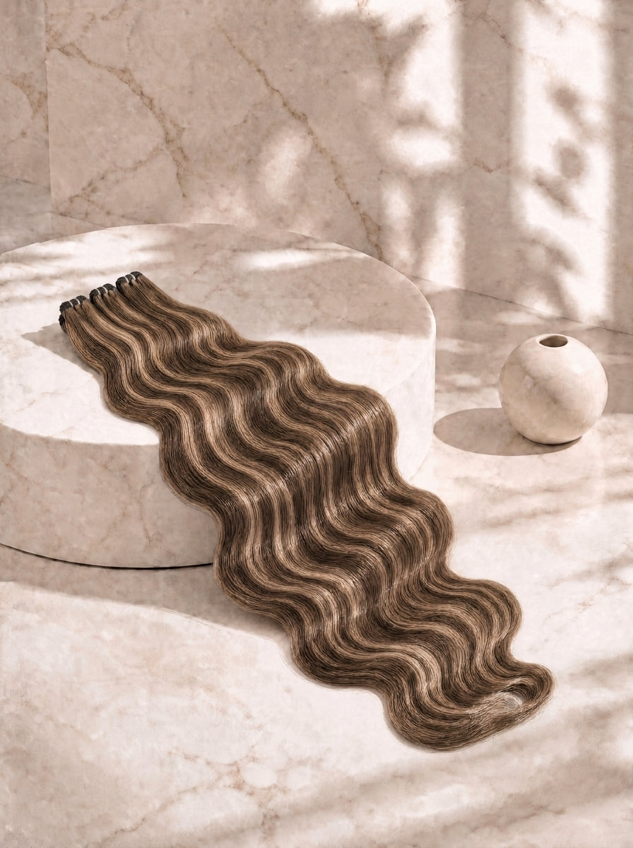 Loose wave hair bundle in warm brown and light blonde blend tones