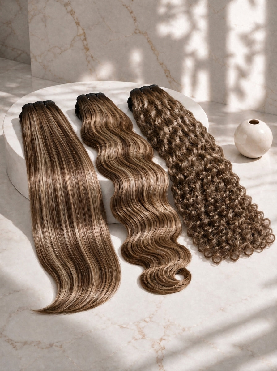 Three hair bundles display: straight brown, wavy brown, and curly deep brown