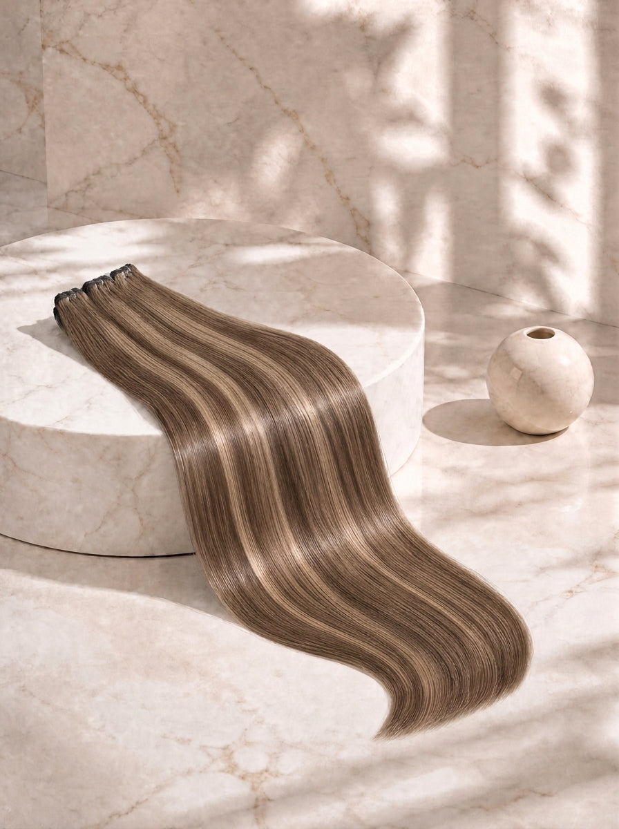 Sleek body wave hair bundle in medium brown with light blonde blend highlights
