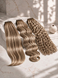 Three hair extension bundles on display, brown and blonde blend waves