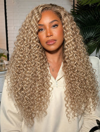 Long voluminous curly champagne-blonde hair extensions bundle, defined ringlets