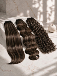 Assorted dark brown wave bundles laid on a round display—straight, wavy, curly.