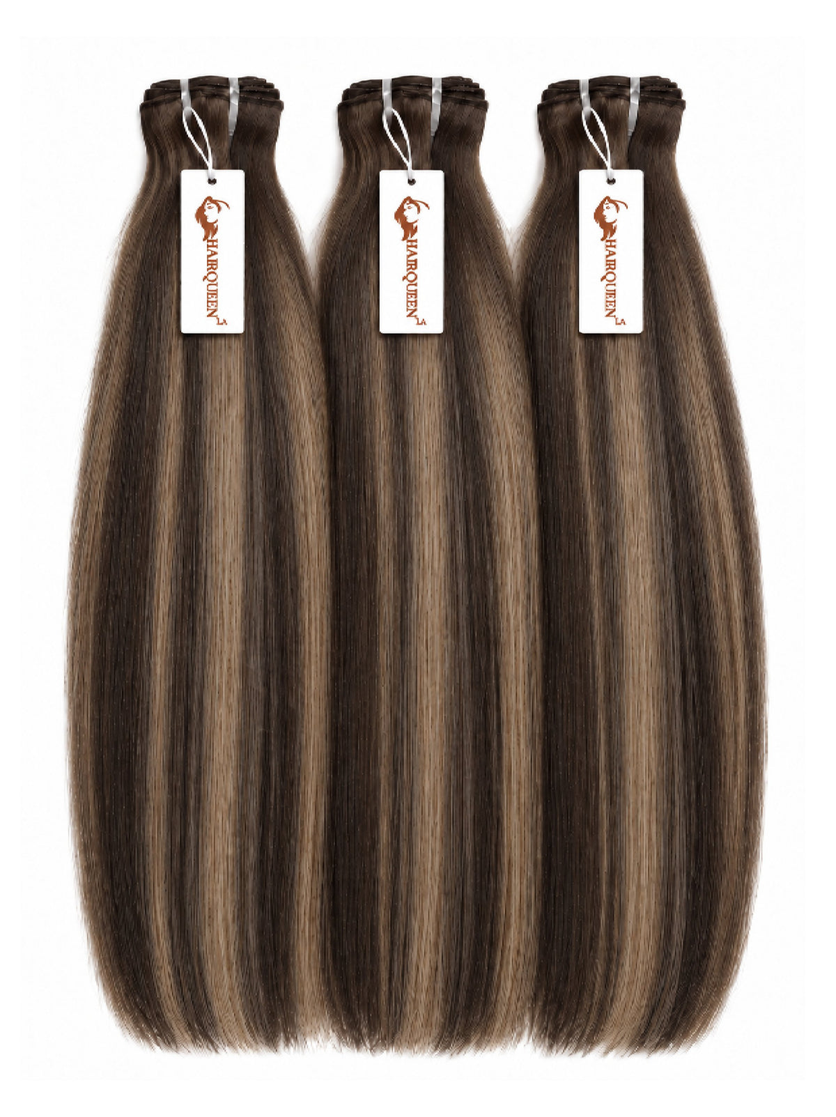 Three hair weave bundles with straight dark brown streaked highlights, tied with tags