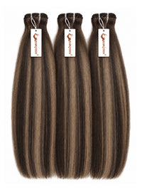 Three hair weave bundles with straight dark brown streaked highlights, tied with tags