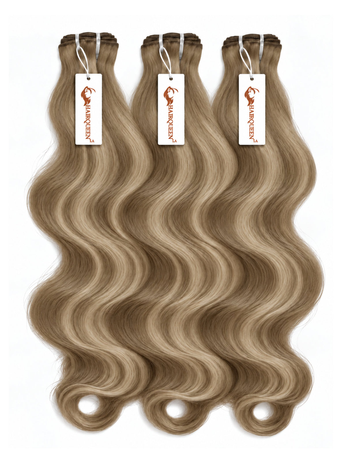Highlighted hair bundles with loose wavy light brown strands, three wefts with hanging labels