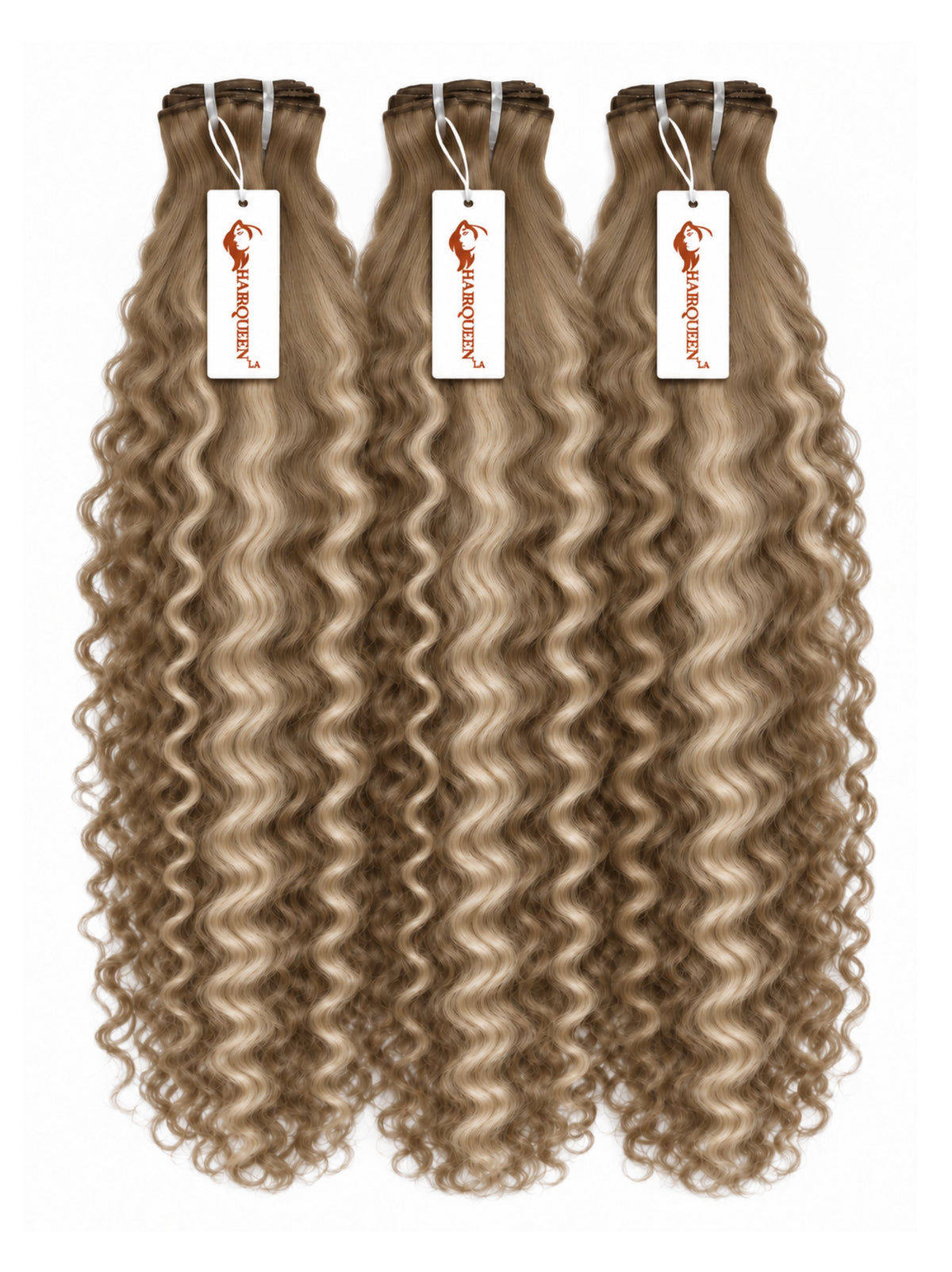 Three hair weave bundles with curly ash blonde streaked highlights, tied with tags