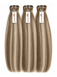 Three hair weave bundles with straight ash blonde streaked highlights, tied with tags