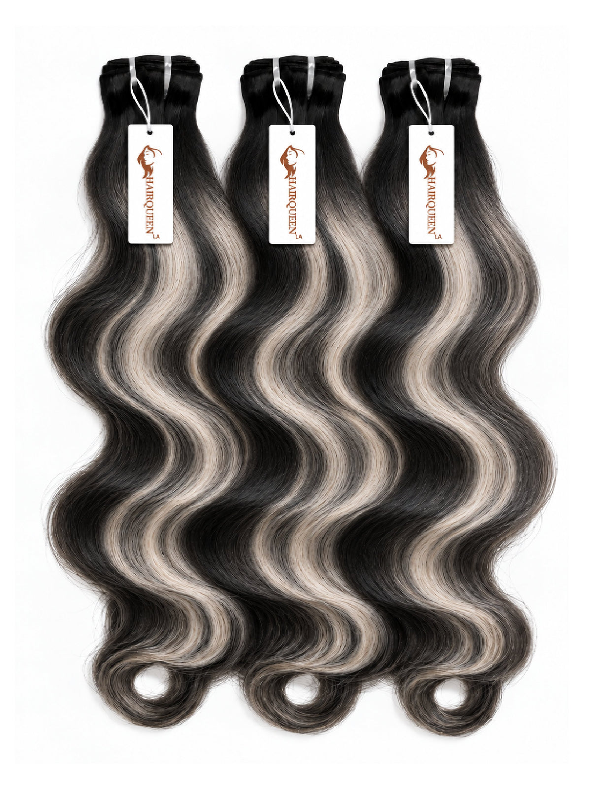 Three hair bundles with wavy dark brown and gray highlights, with tags