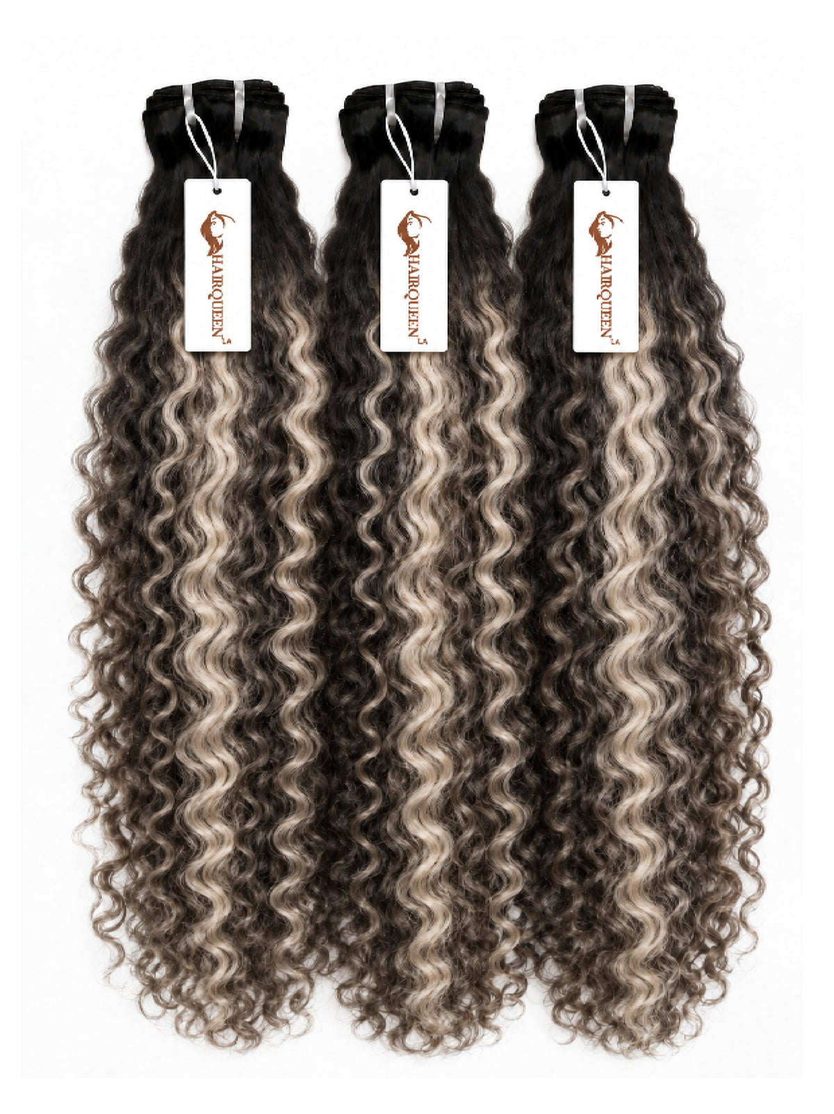 Set of three highlighted hair bundles, tight curly texture, dark with ash blonde highlights