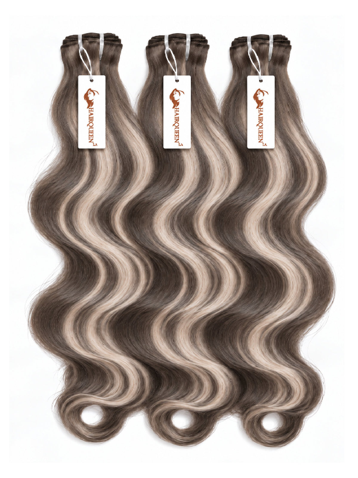 Highlighted hair extension bundles, three loose-wave bundles in ash gray and dark brown