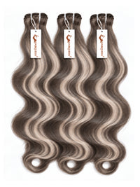 Highlighted hair extension bundles, three loose-wave bundles in ash gray and dark brown