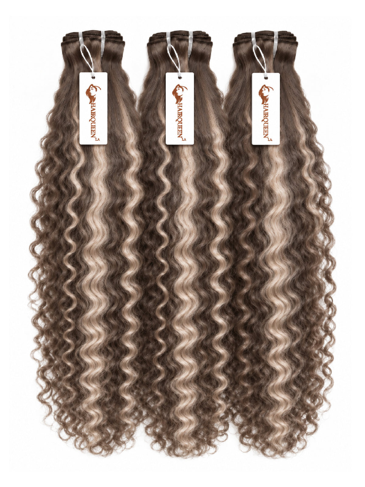 Set of three highlighted hair bundles, curly texture, dark with ash blonde highlights
