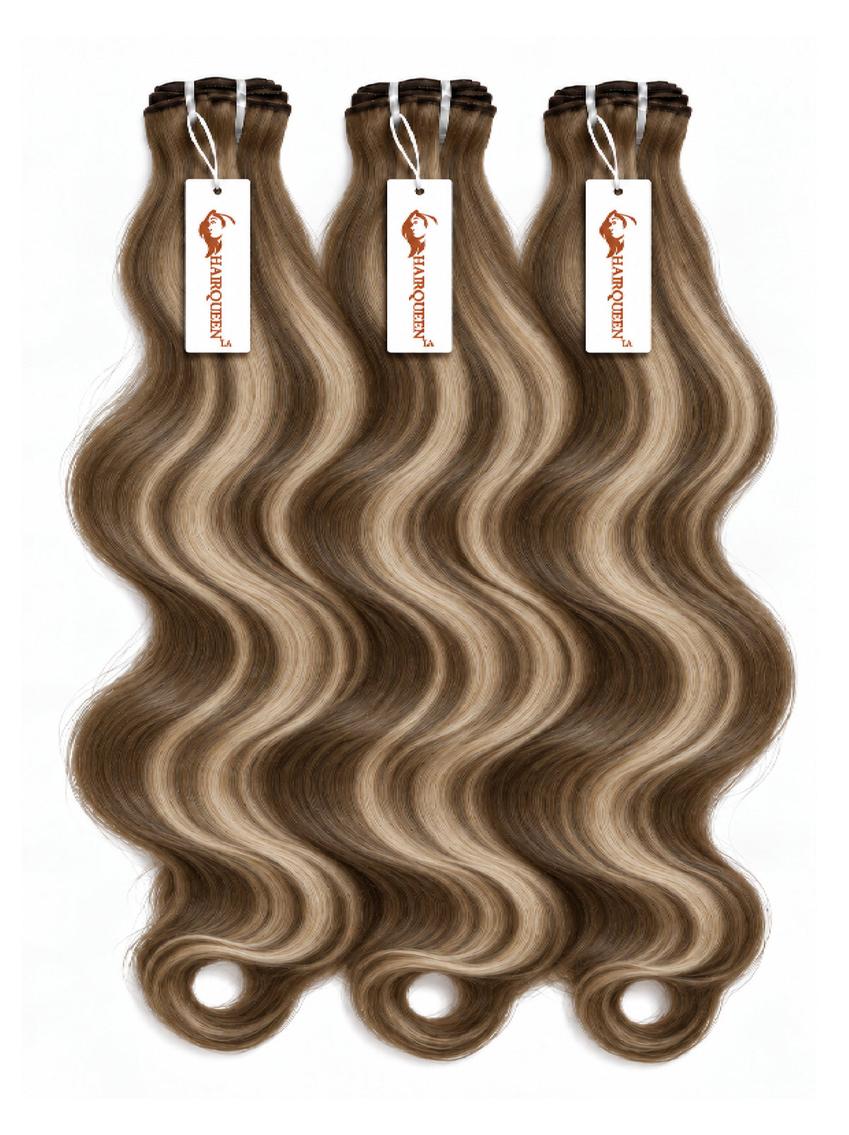 3 body-wave hair bundles with dark roots and light caramel waves, hanging bundles.