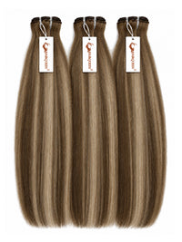Three hair weave bundles with straight light brown streaked highlights, tied with tags