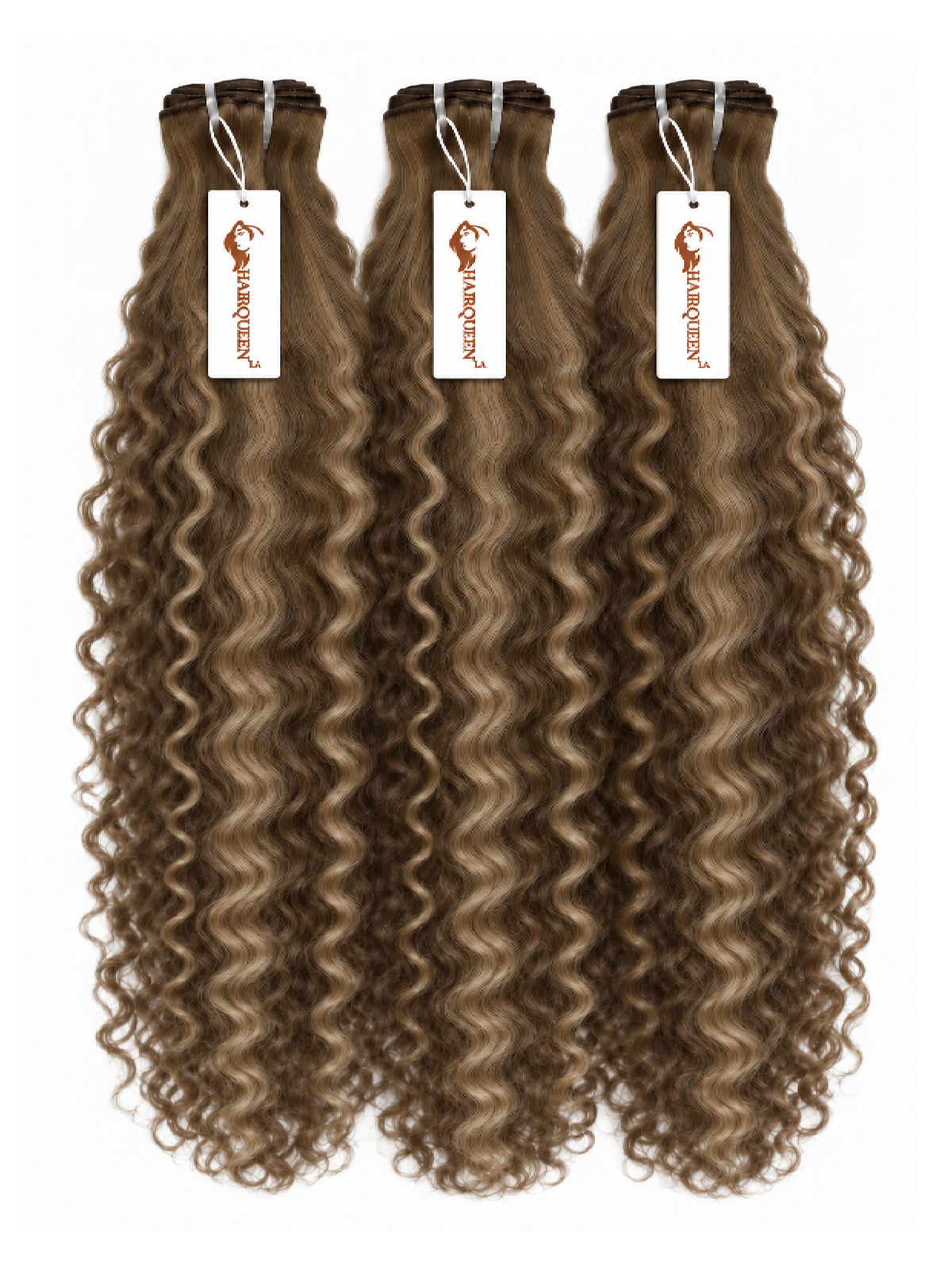 Three hair weave bundles with curly light brown streaked highlights, tied with tags