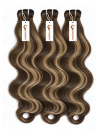 Highlighted hair bundle set with body wave texture, dark brown with ash highlights
