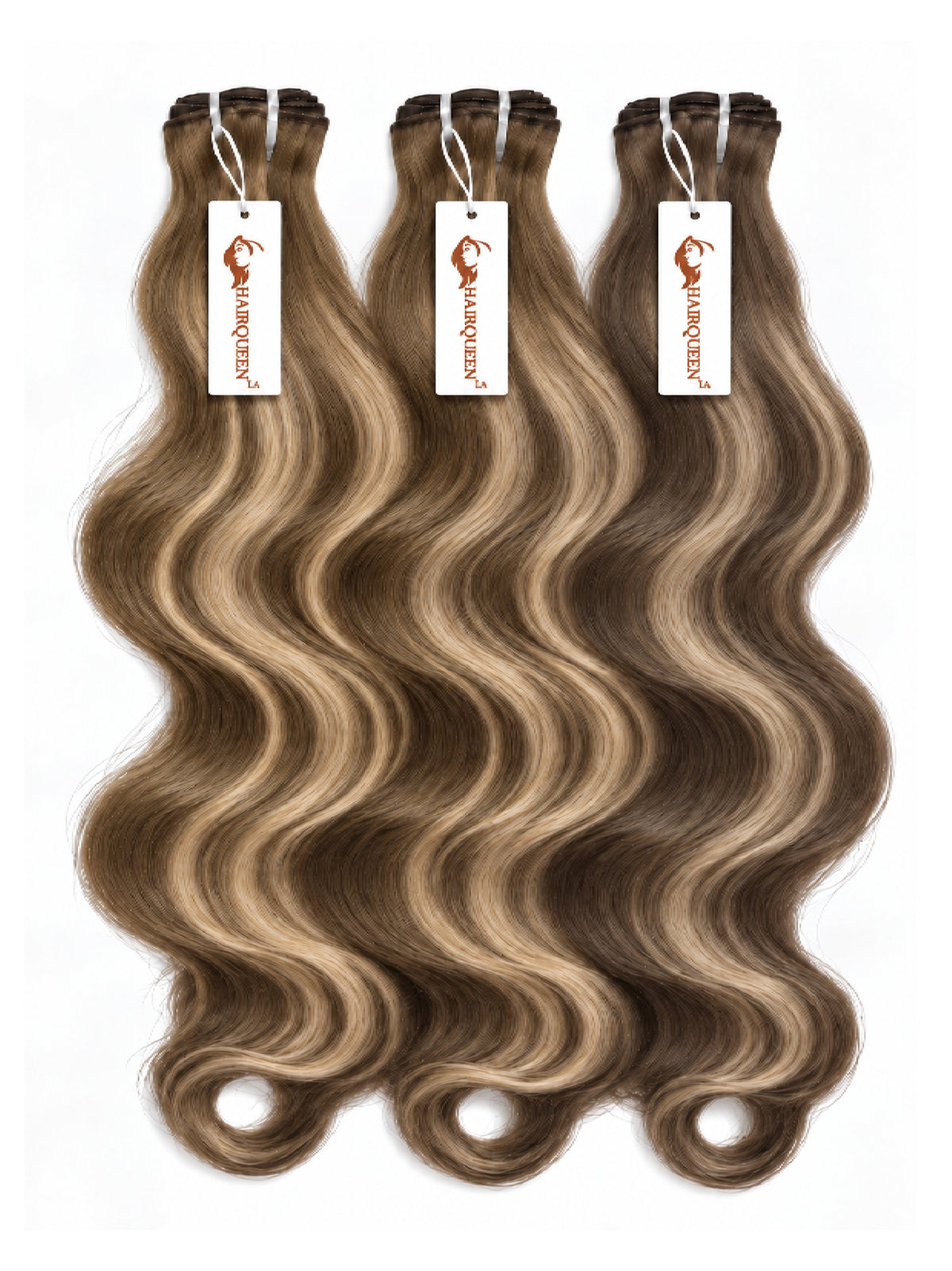 3 body-wave hair bundles with dark roots and light caramel wavy hair, hanging bundles.