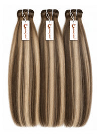 Three hair weave bundles with straight golden blonde streaked highlights, tied with tags