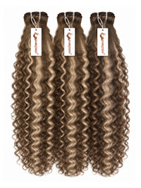 Three hair weave bundles with curly golden blonde streaked highlights, tied with tags