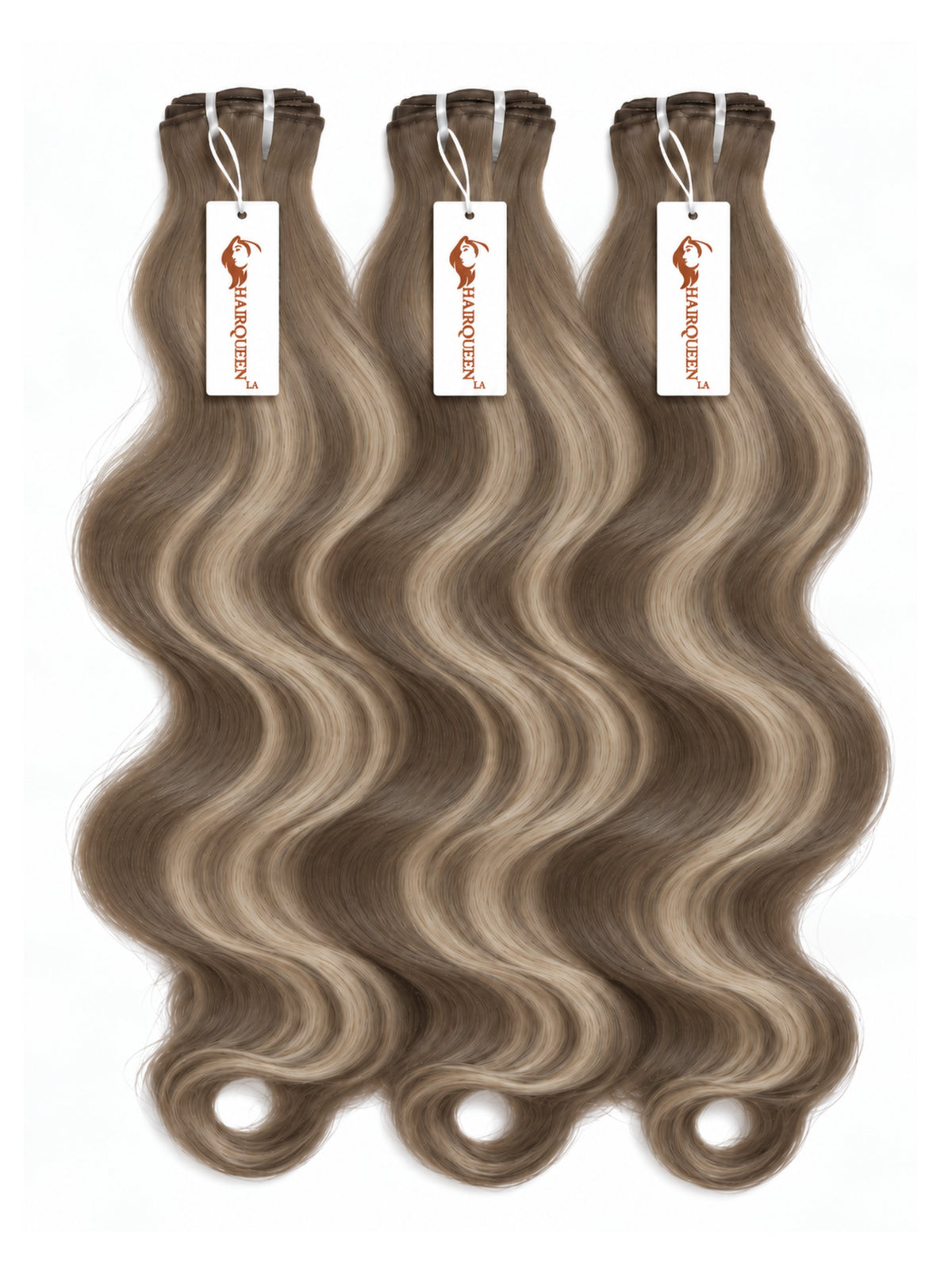 Highlighted hair bundles with loose wavy taupe-brown strands, three wefts with hanging labels