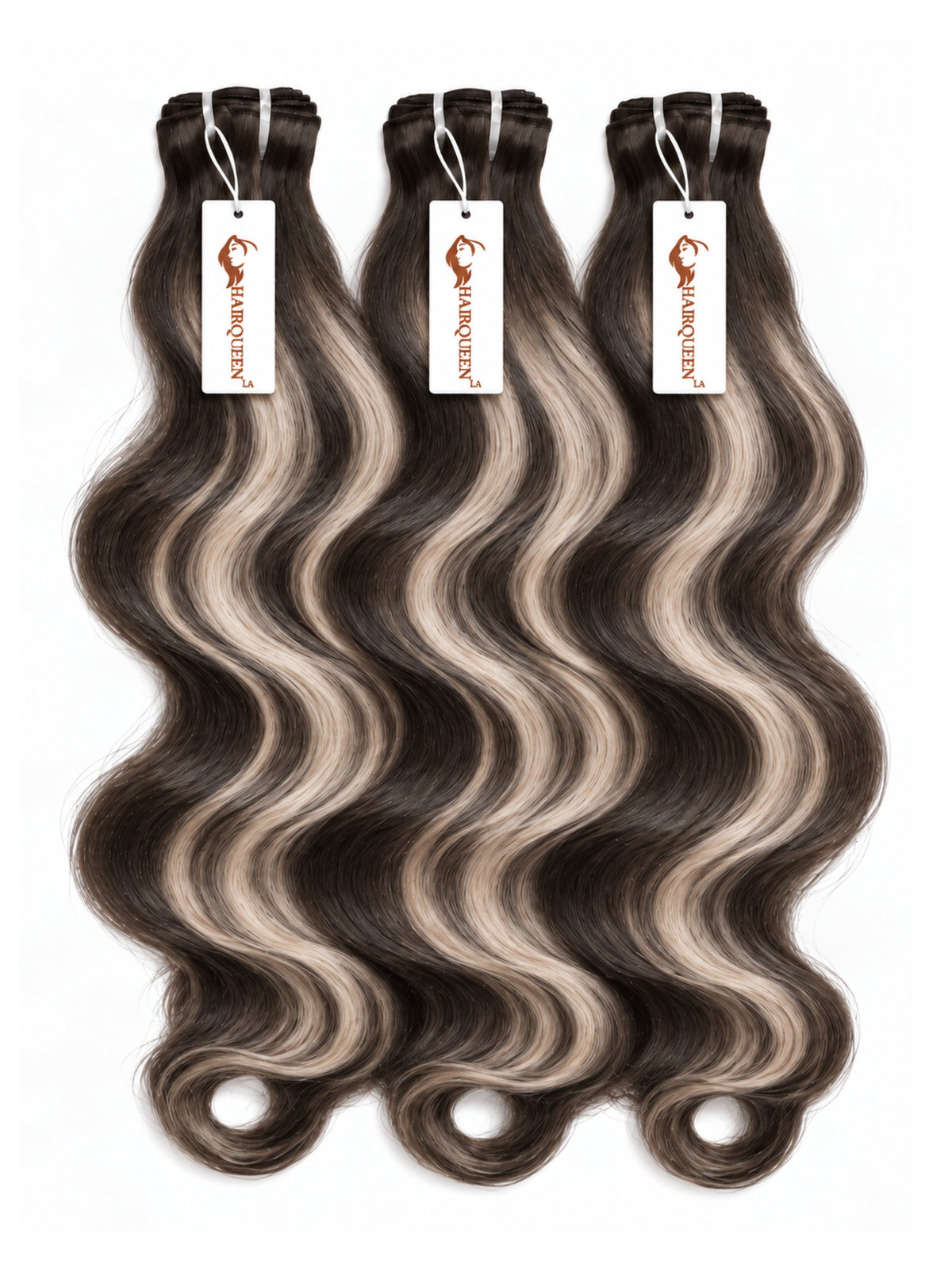 Three hair bundles with body-wave dark brown and gray highlights, with tags