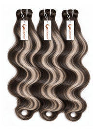 Three hair bundles with body-wave dark brown and gray highlights, with tags